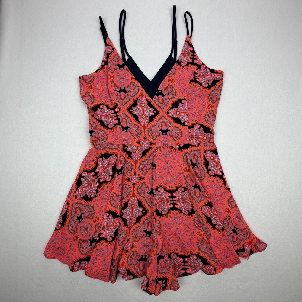 GB Womens Coral Pink/Orange Black Paisley V-Neck Romper Double Strap Size L